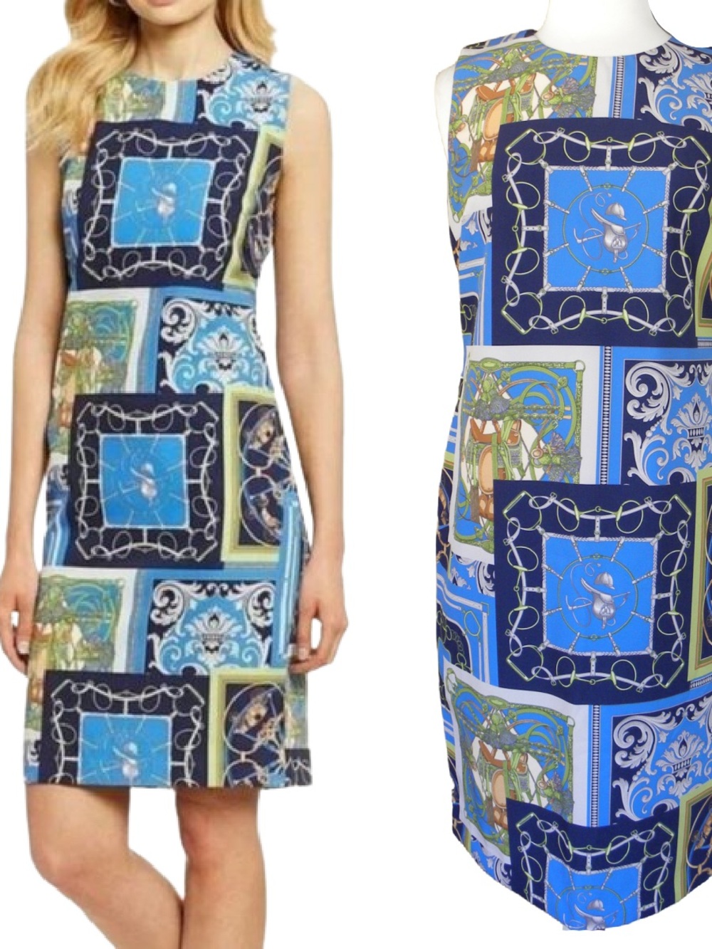 J. McLaughlin Belinda Sheath Dress Sz 8 Sleeveless Equestrian Heraldic Patch NEW
